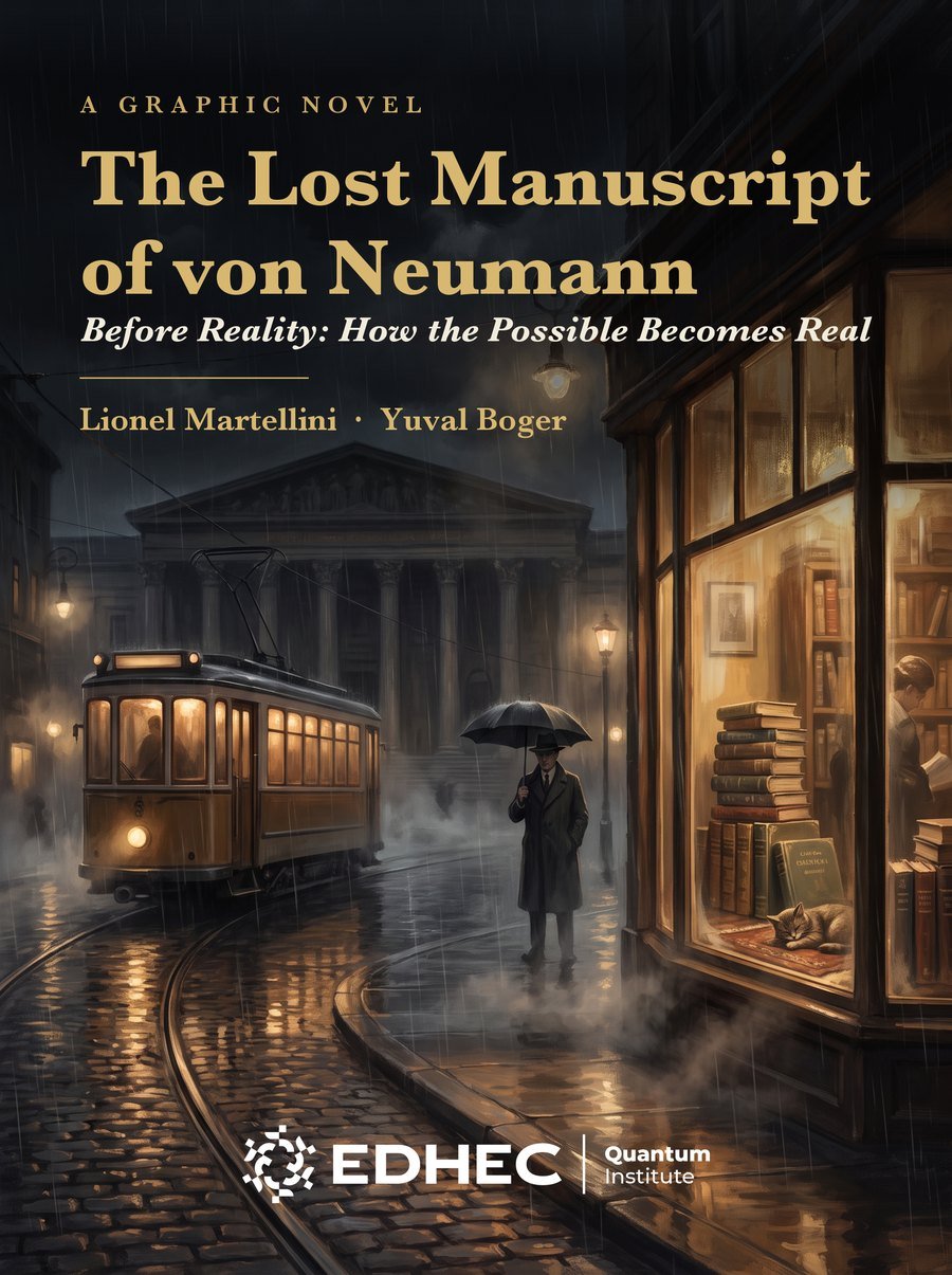Cover of The Lost Manuscript of von Neumann: a tram and a figure with an umbrella on a rainy 1930s street outside a lit bookshop