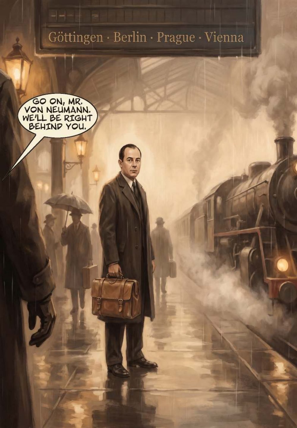 Page: von Neumann on a foggy Berlin railway platform with his briefcase