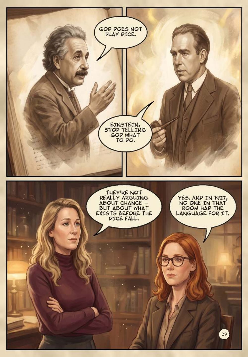 Page: Einstein and Bohr argue about dice while Camille and Noëmie listen